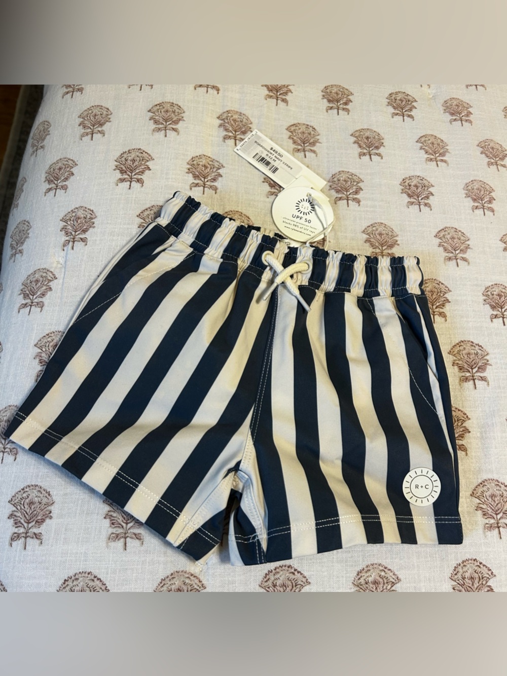 Rylee + Cru Navy and Cream Striped Swim Trunks